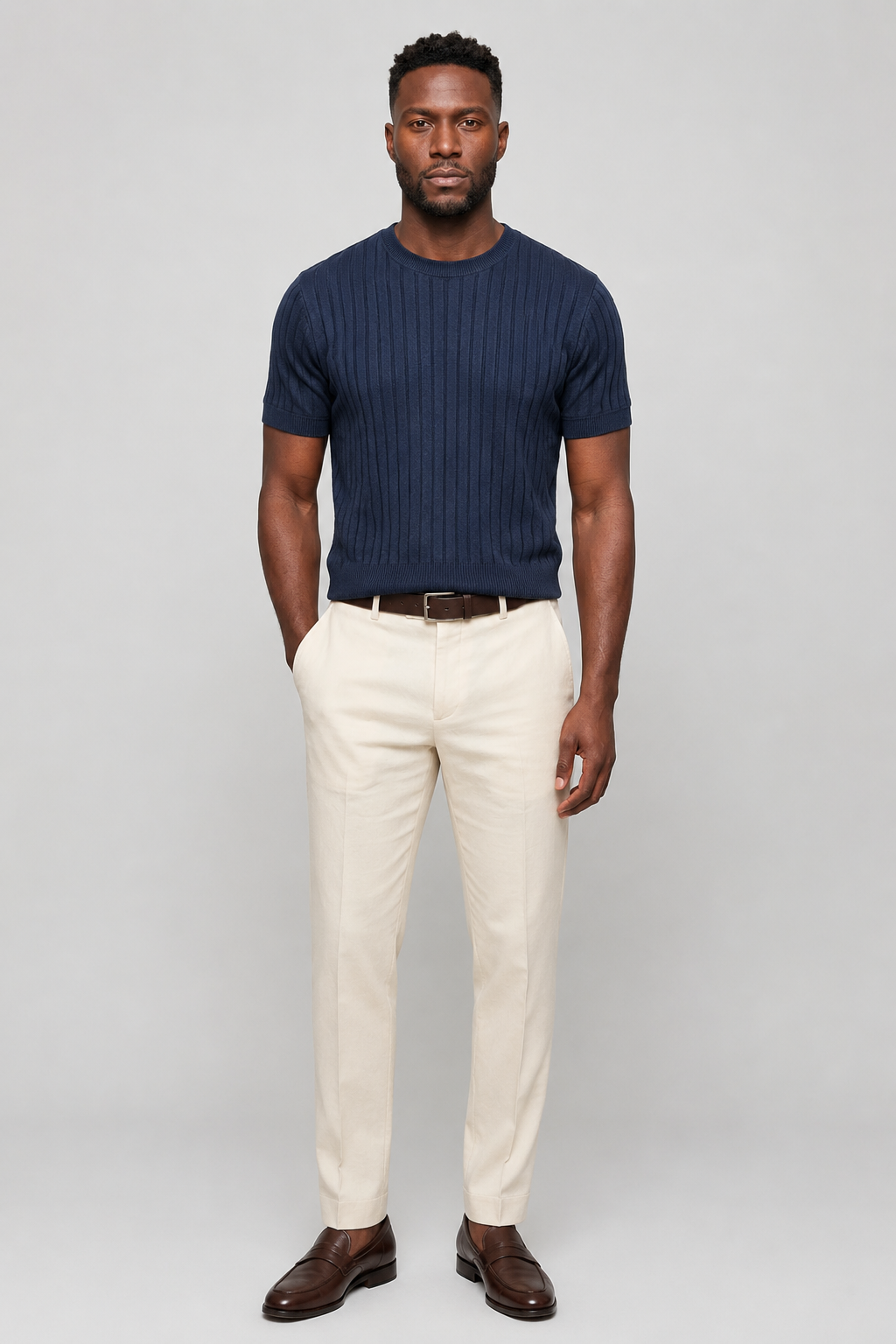 Ribbed T-Shirt for Men Navy Slim Fit