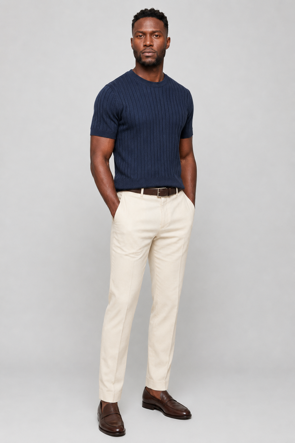 Ribbed T-Shirt for Men Navy Slim Fit