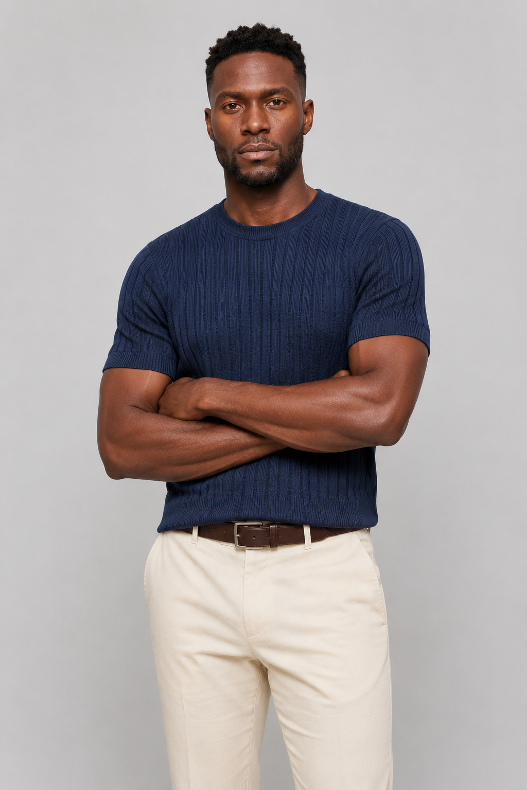Ribbed T-Shirt for Men Navy Slim Fit