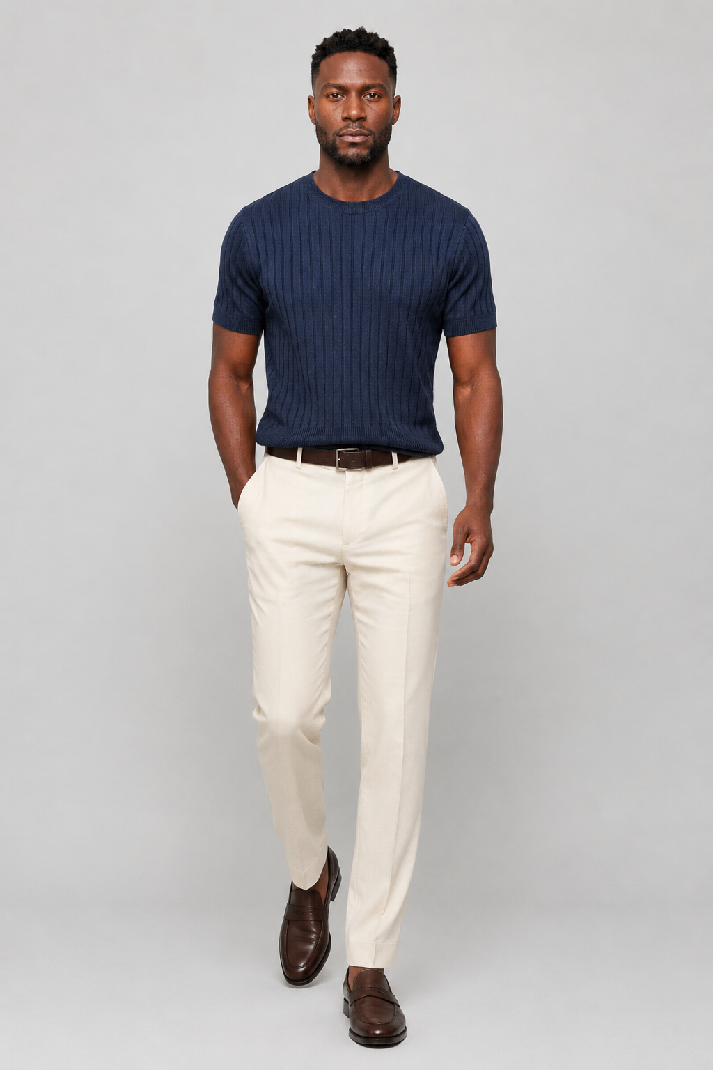 Ribbed T-Shirt for Men Navy Slim Fit