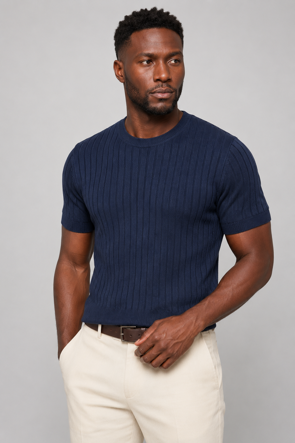 Ribbed T-Shirt for Men Navy Slim Fit