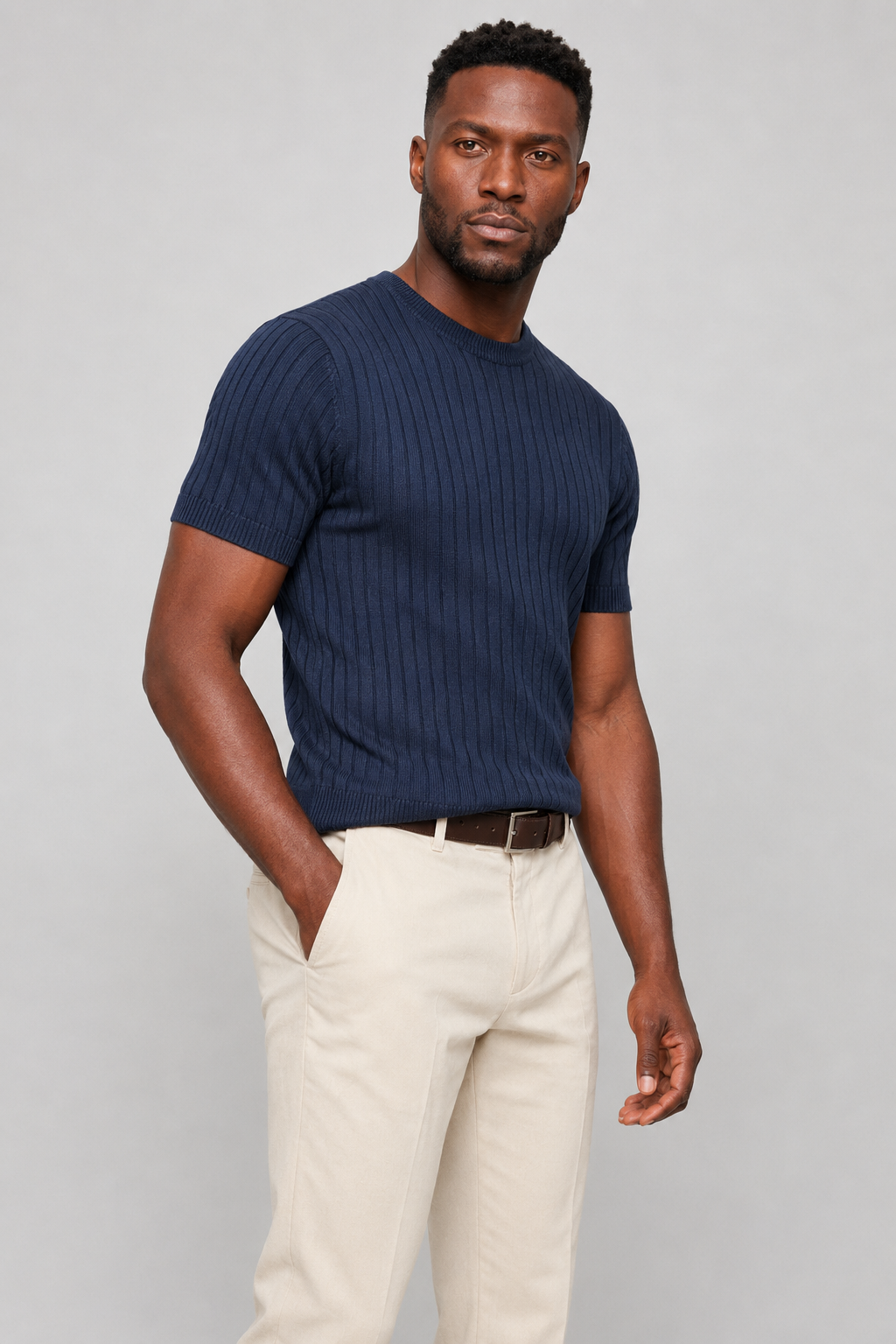Ribbed T-Shirt for Men Navy Slim Fit