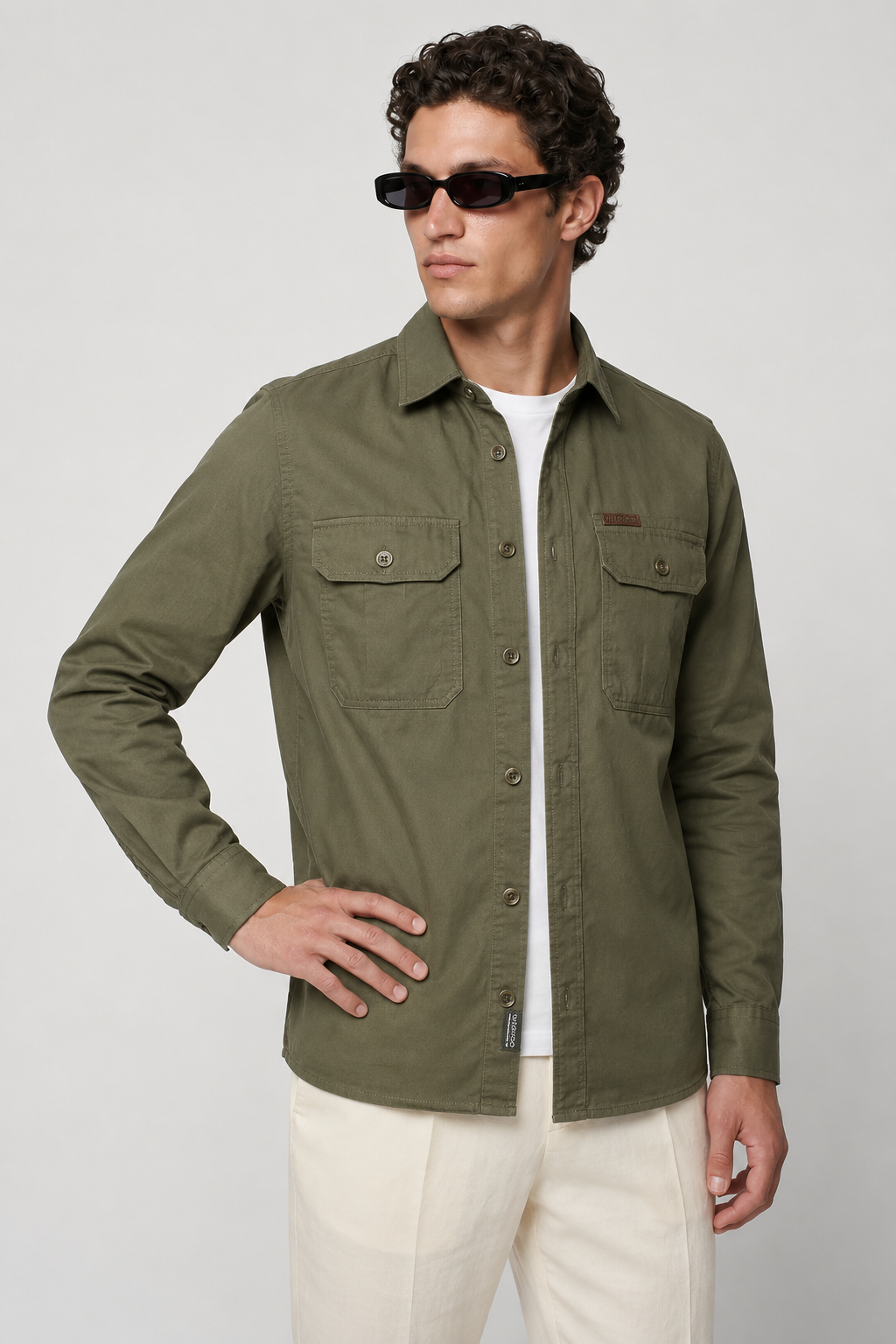 Overshirt-jacka för män i linne - olivgrön regular fit