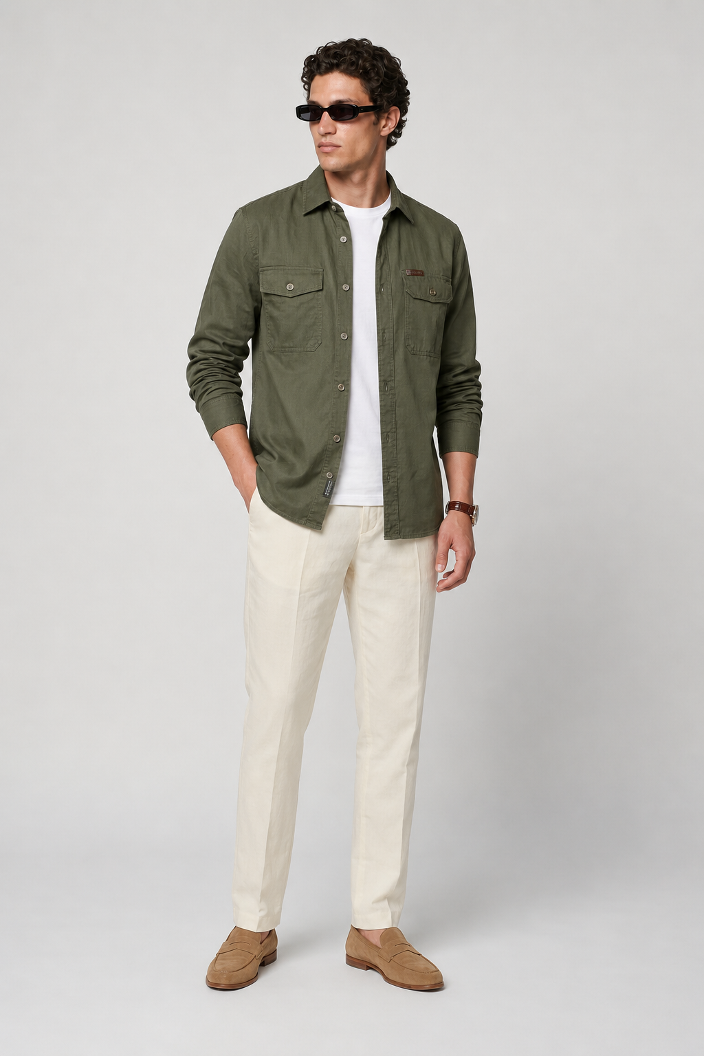 Overshirt-jacka för män i linne - olivgrön regular fit