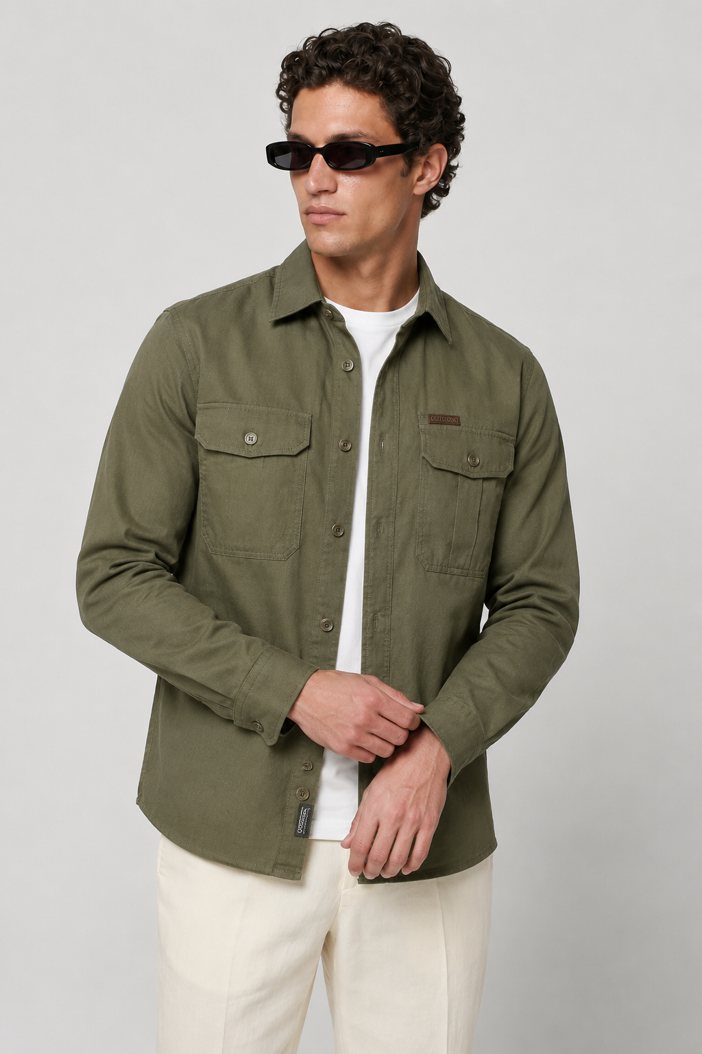 Overshirt-jacka för män i linne - olivgrön regular fit