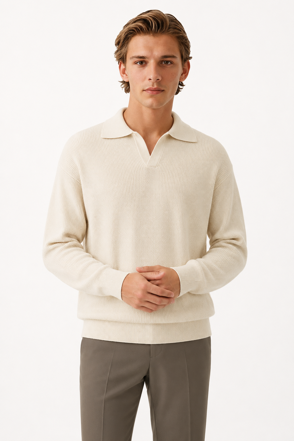 Polo Strikskjorte til Mænd - Langærmet Creme Strik i Regular Fit - - Sweatre - Valmont Wear