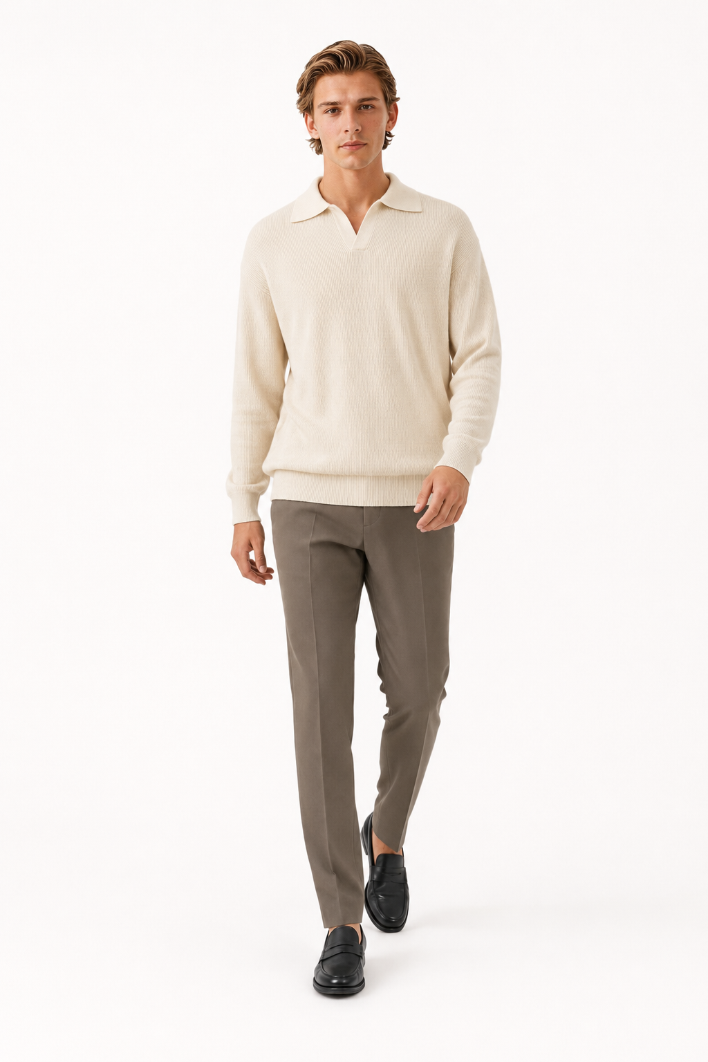 Polo Strikskjorte til Mænd - Langærmet Creme Strik i Regular Fit - - Sweatre - Valmont Wear