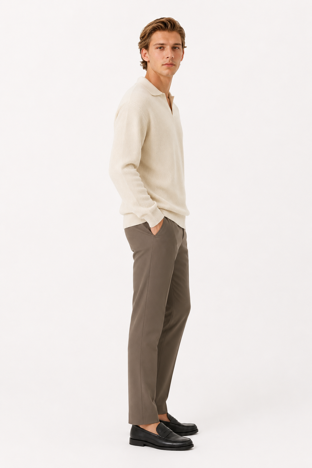 Polo Strikskjorte til Mænd - Langærmet Creme Strik i Regular Fit - - Sweatre - Valmont Wear