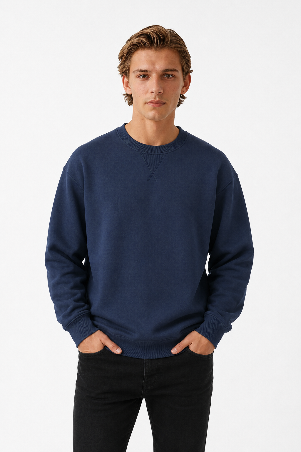 Oversized Striktrøje til Mænd - Marineblå - Uld Bomuld - Heavyweight Rund Hals - Marineblå - Sweatre - Valmont Wear