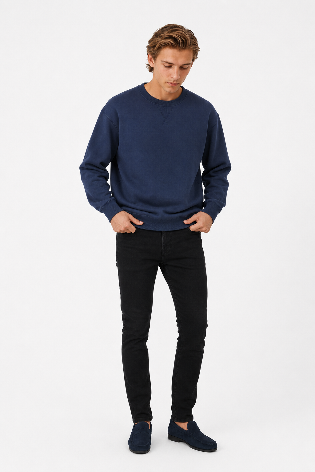 Oversized Striktrøje til Mænd - Marineblå - Uld Bomuld - Heavyweight Rund Hals - - Sweatre - Valmont Wear