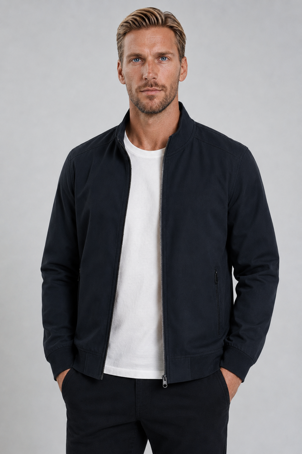 Bomber jacket for men – Dark blue wool jacket with ribbed edges for winter use