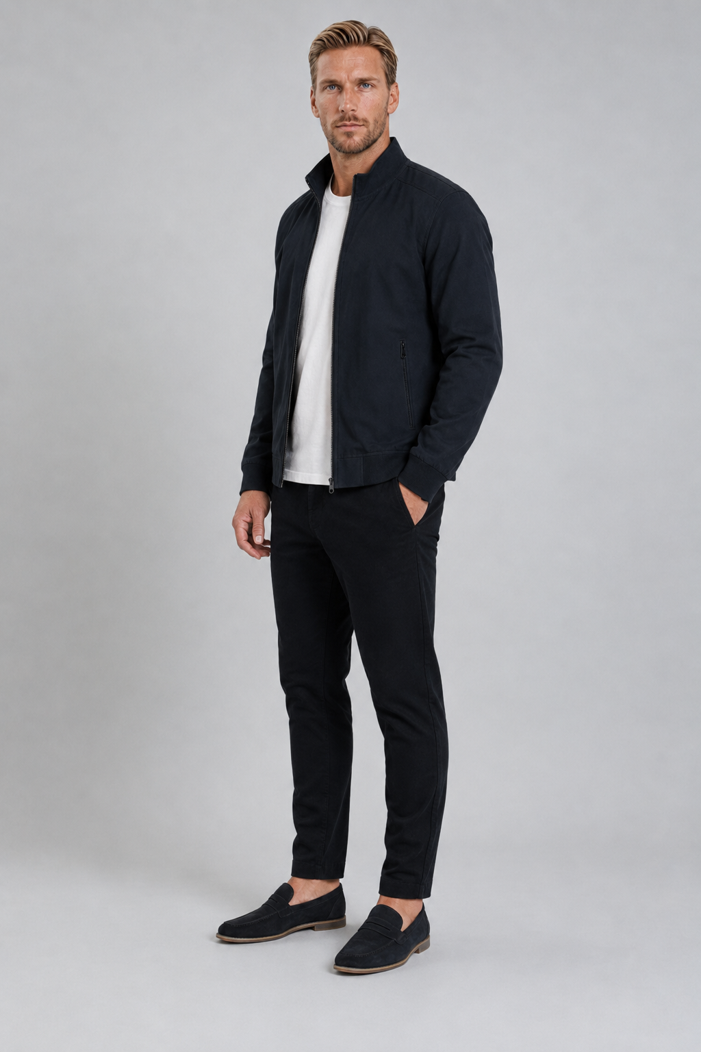 Bomber jacket for men – Dark blue wool jacket with ribbed edges for winter use