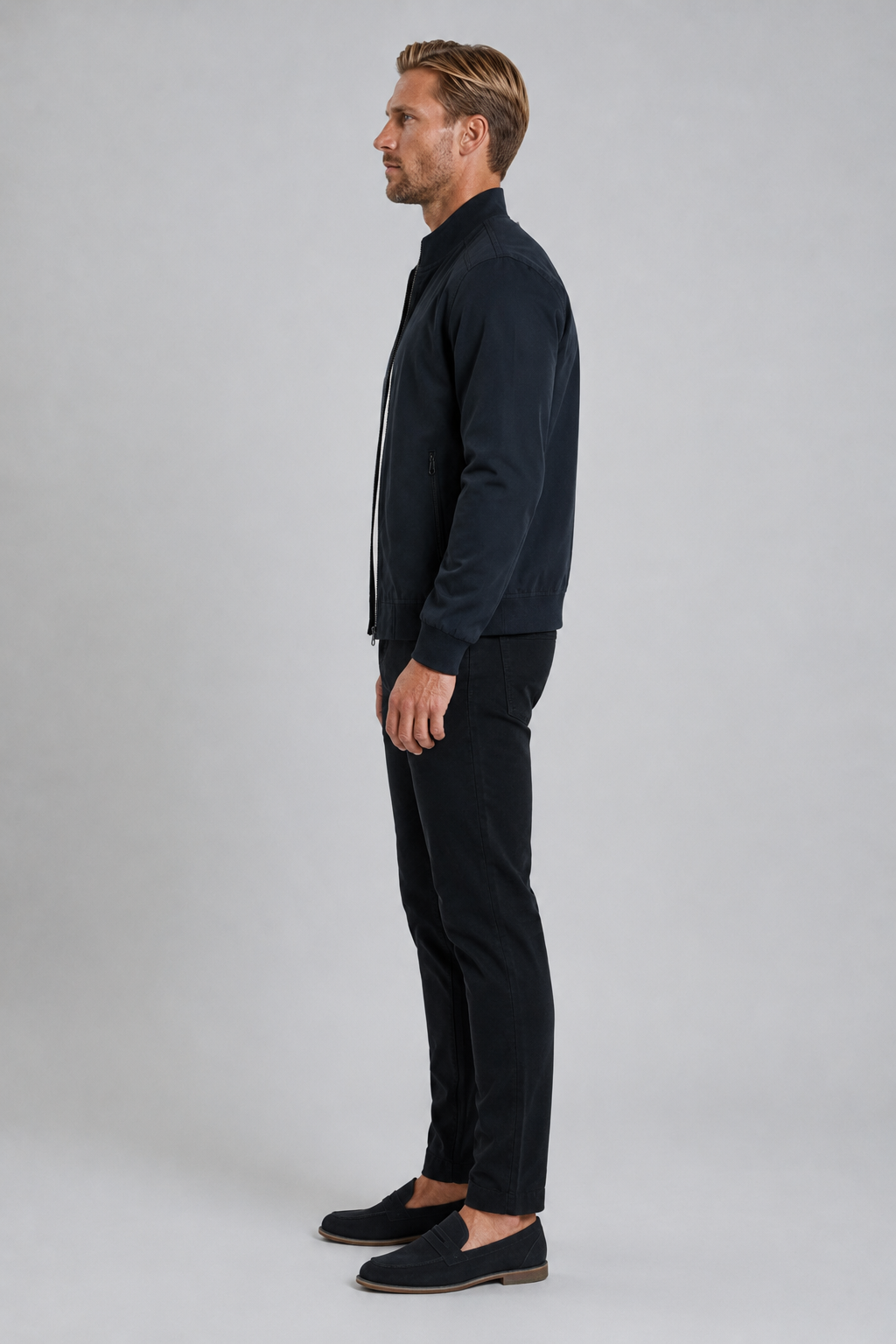 Bomber jacket for men – Dark blue wool jacket with ribbed edges for winter use