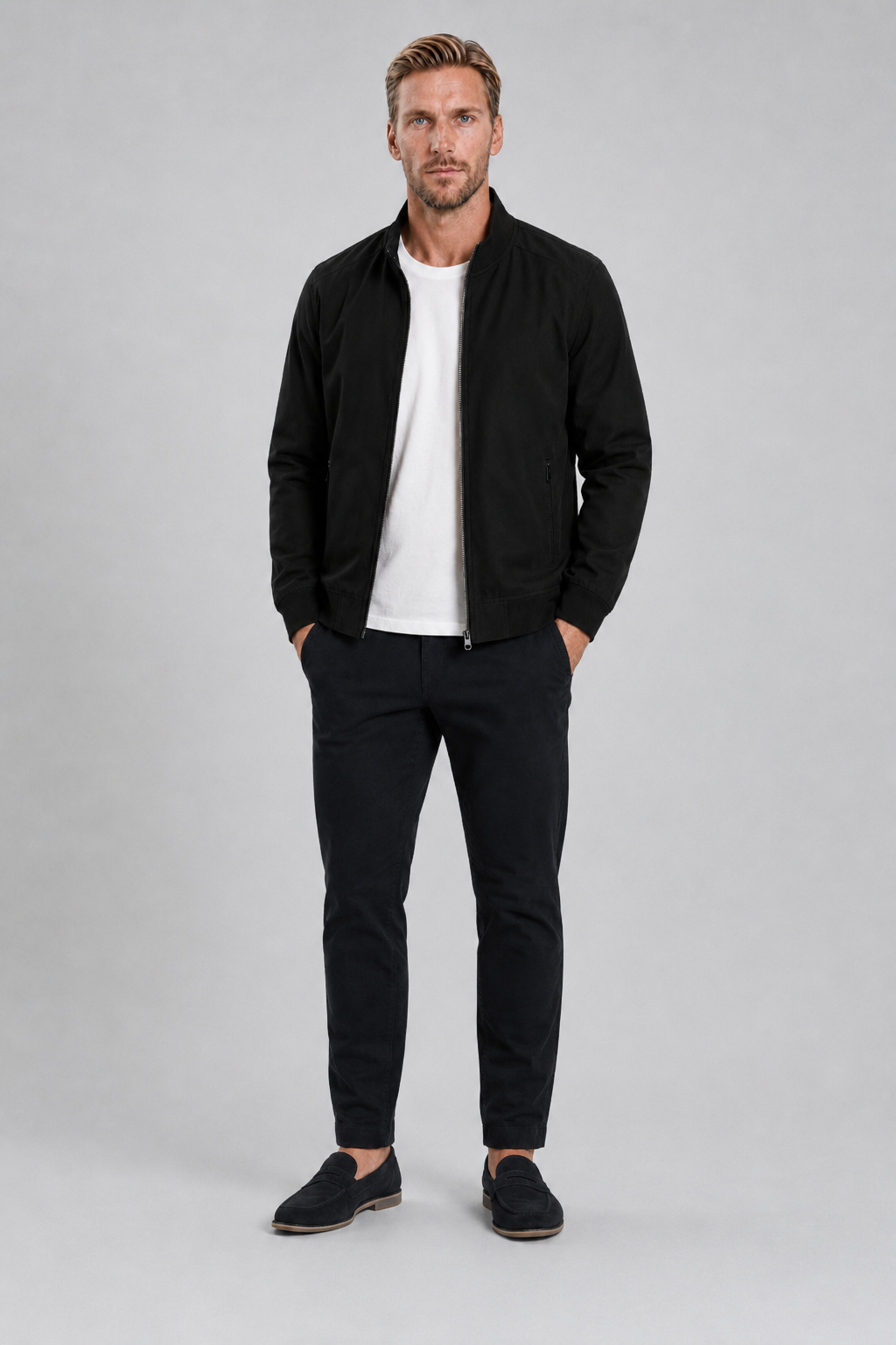 Men's Bomber Jacket in Black Wool - Classic Regular Fit Everyday Jacket