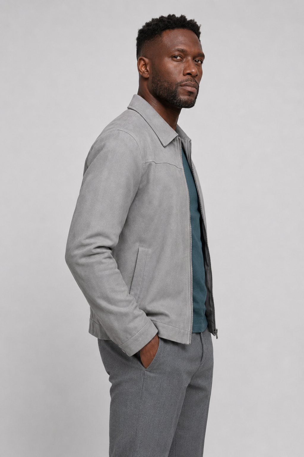 Men's Suede Jacket Light Gray – Premium Genuine Suede Leather Jacket for Men with Zipper