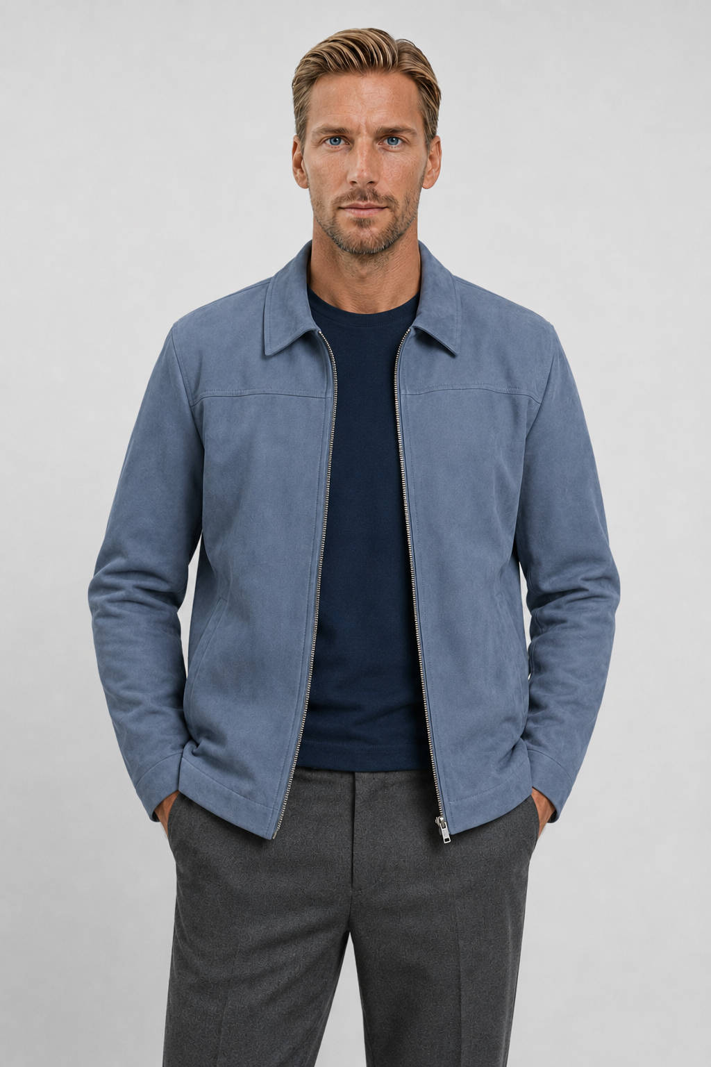 Herre Ruskindjakke Blå - Regular Fit Jakke i Ægte Ruskind med Lynlås - - Jakker - Valmont Wear