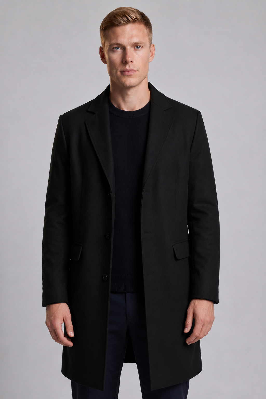 Sort Frakke til Mænd - Enkeltradet Regular Fit - Premium Tekstilfiber - - Jakker - Valmont Wear