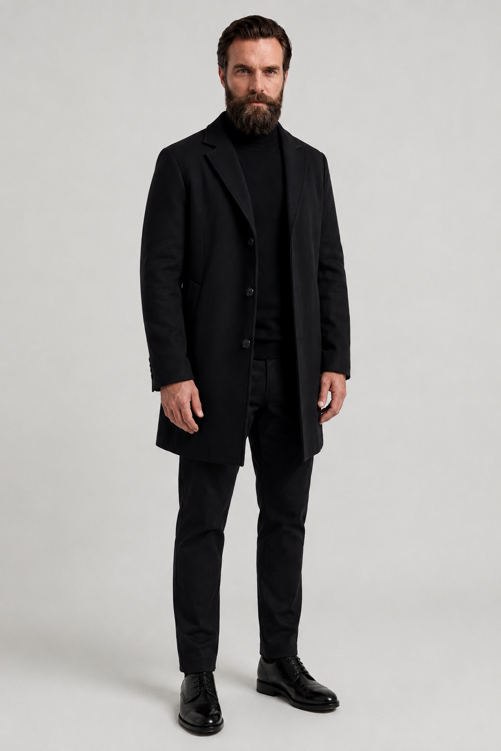 Herrefrakke Sort - Klassisk Lang Enkeltradet Frakke i Elegant Tekstilkvalitet - - Jakker - Valmont Wear