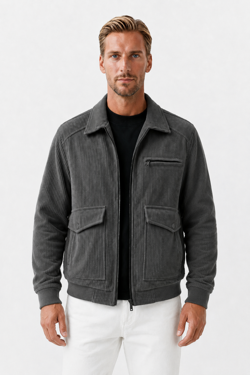 Herre Corduroy Jakke til Mænd - Grå - Polyester - Regular Fit Lynlås - - Jakker - Valmont Wear