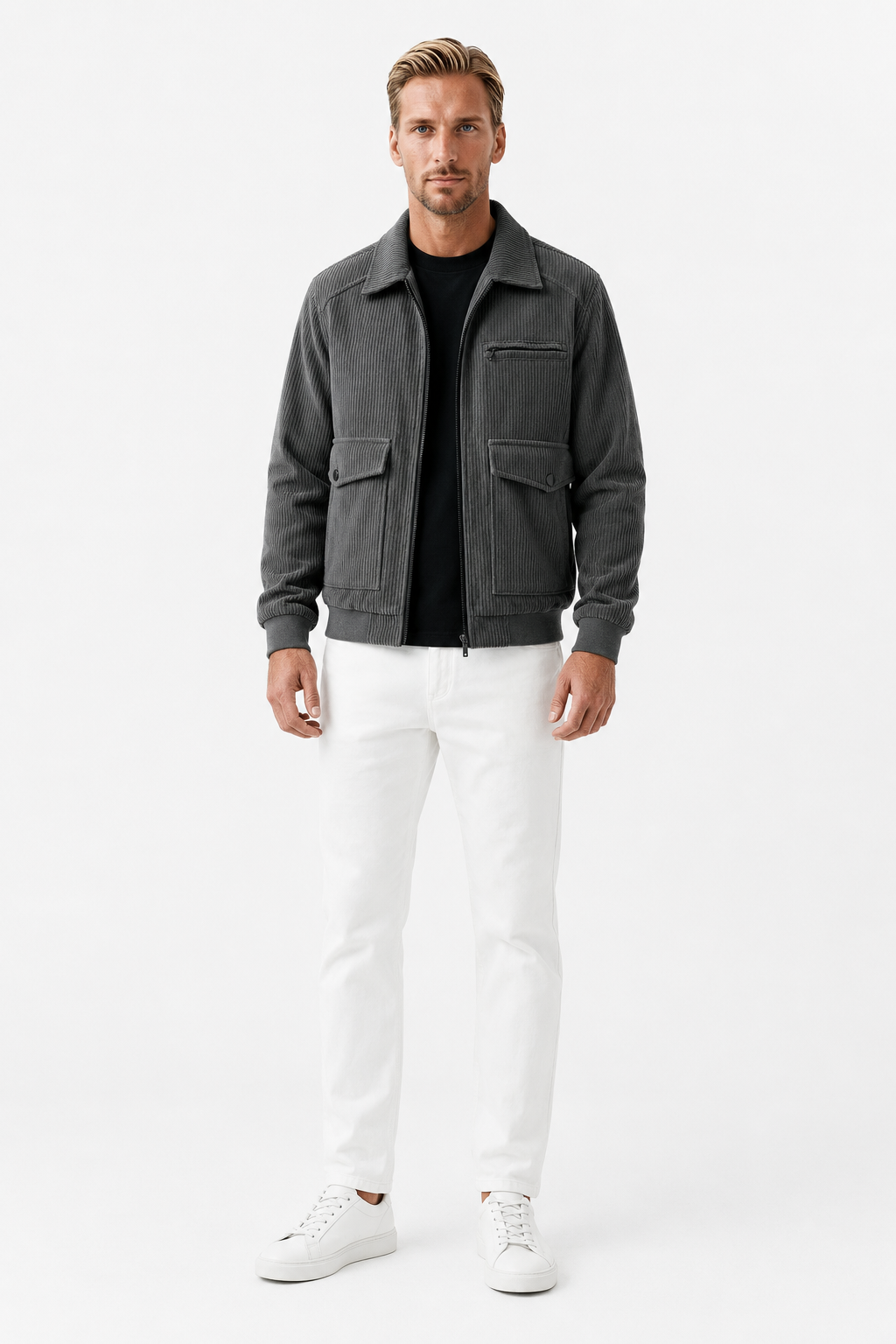 Herre Corduroy Jakke til Mænd - Grå - Polyester - Regular Fit Lynlås - - Jakker - Valmont Wear