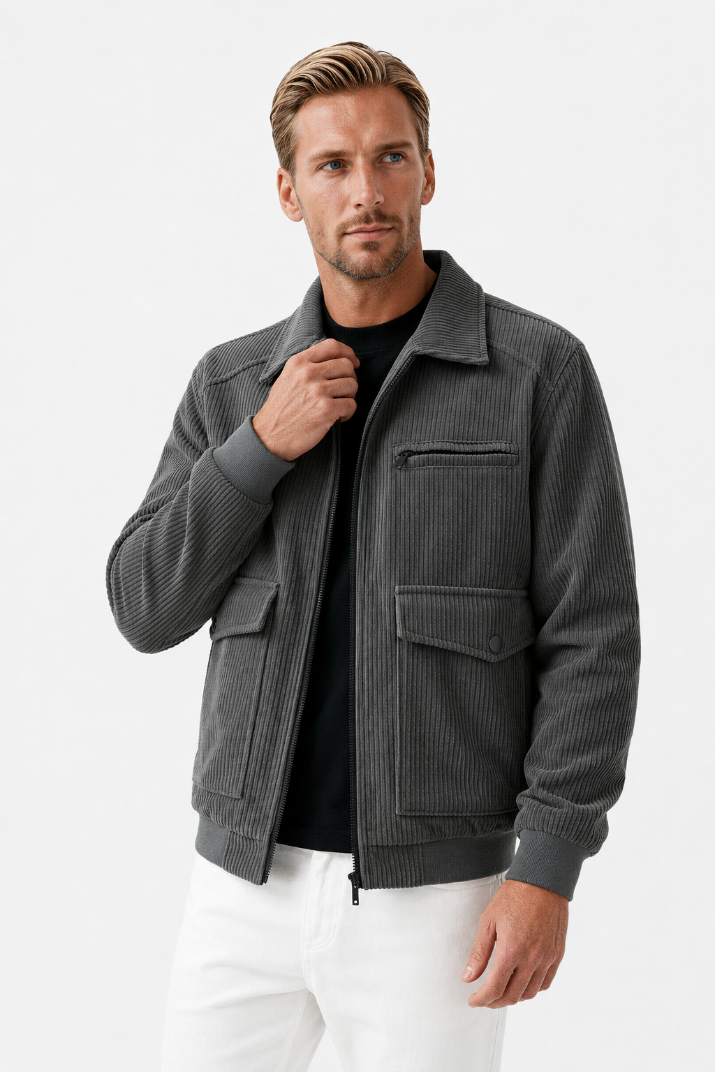 Herre Corduroy Jakke til Mænd - Grå - Polyester - Regular Fit Lynlås - - Jakker - Valmont Wear