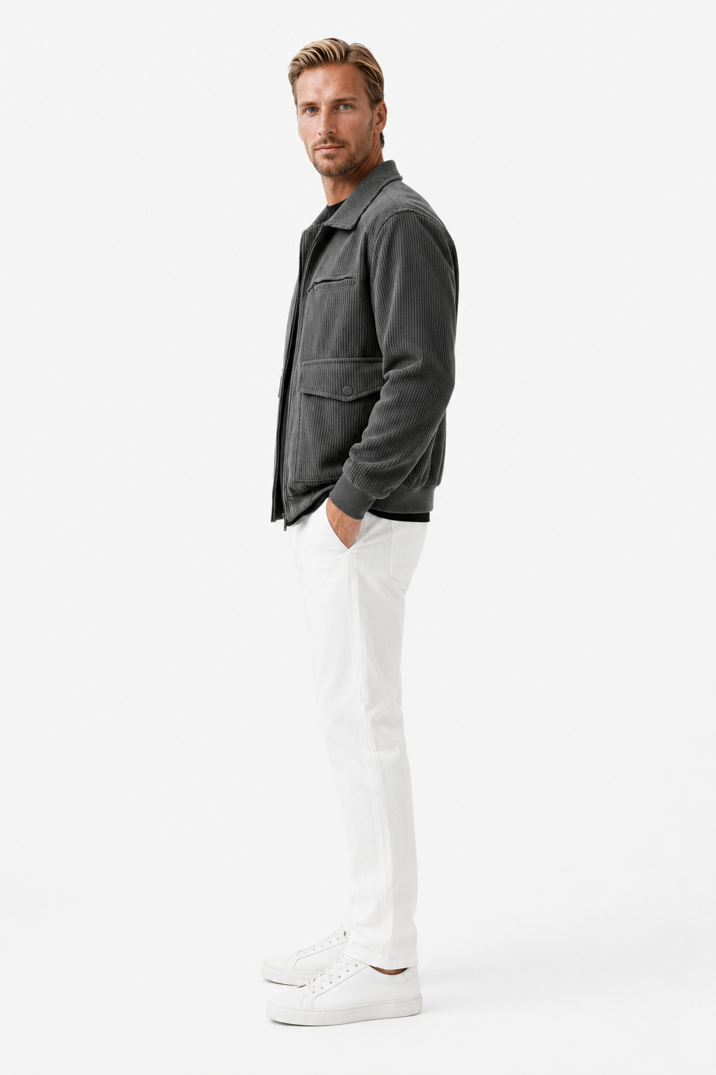 Herre Corduroy Jakke til Mænd - Grå - Polyester - Regular Fit Lynlås - - Jakker - Valmont Wear