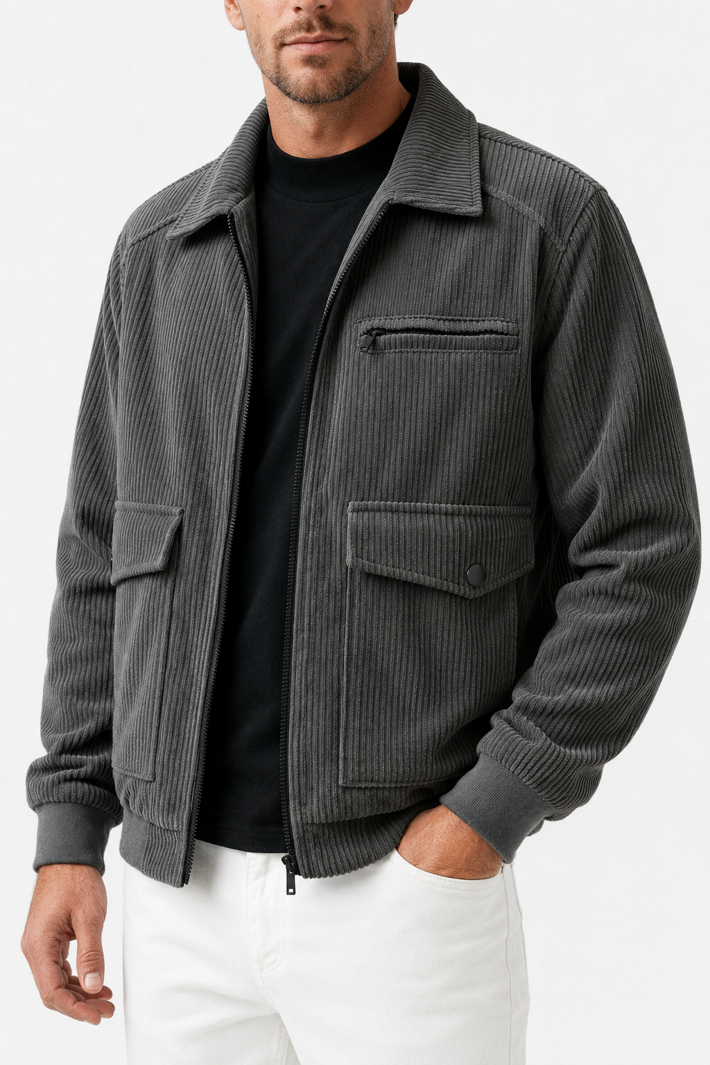 Herre Corduroy Jakke til Mænd - Grå - Polyester - Regular Fit Lynlås - - Jakker - Valmont Wear