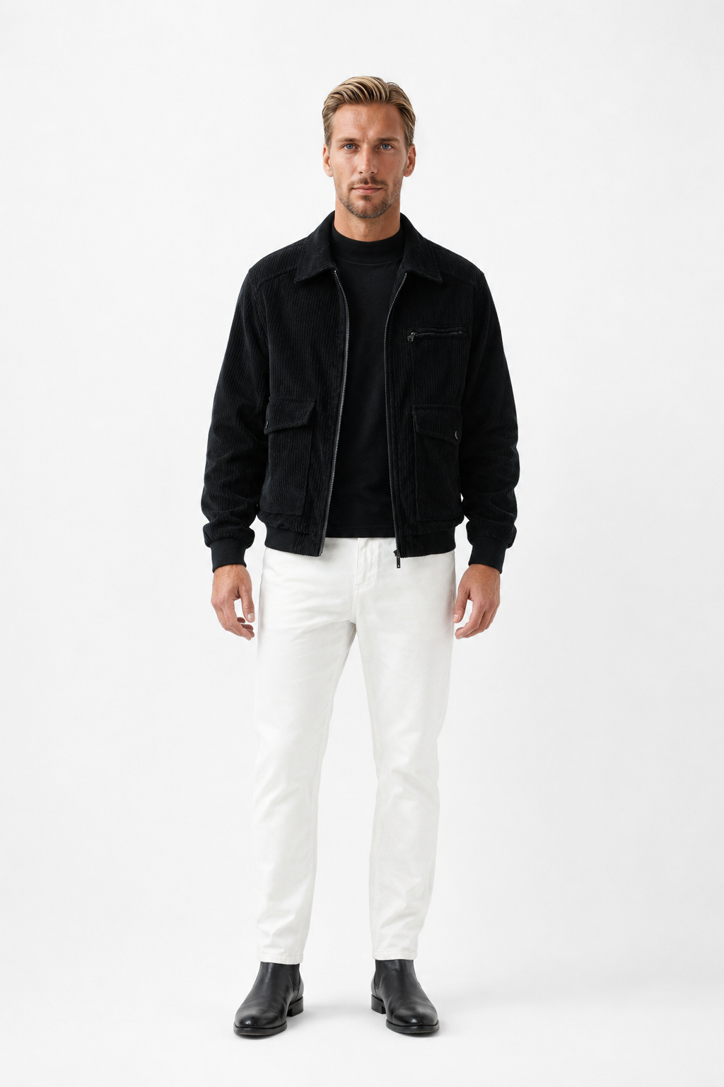 Herre sort corduroy jakke med lynlås i regular fit - perfekt til hverdagsbrug. - - Jakker - Valmont Wear