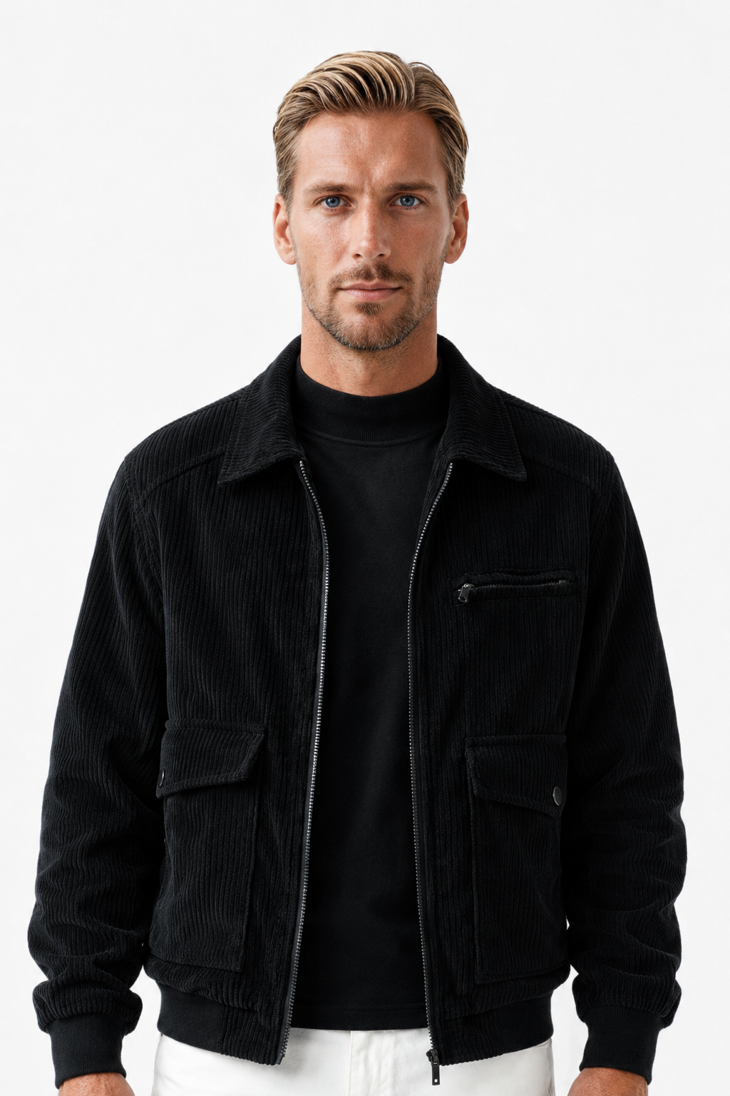 Herre sort corduroy jakke med lynlås i regular fit - perfekt til hverdagsbrug. - Kulsort - Jakker - Valmont Wear