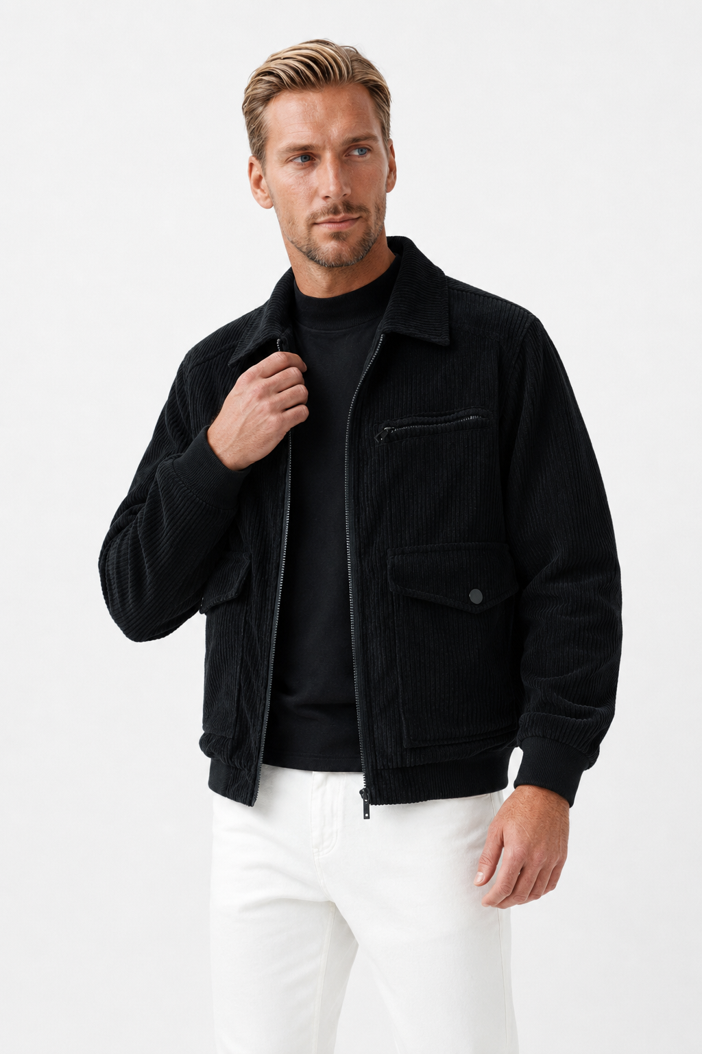 Herre sort corduroy jakke med lynlås i regular fit - perfekt til hverdagsbrug. - - Jakker - Valmont Wear