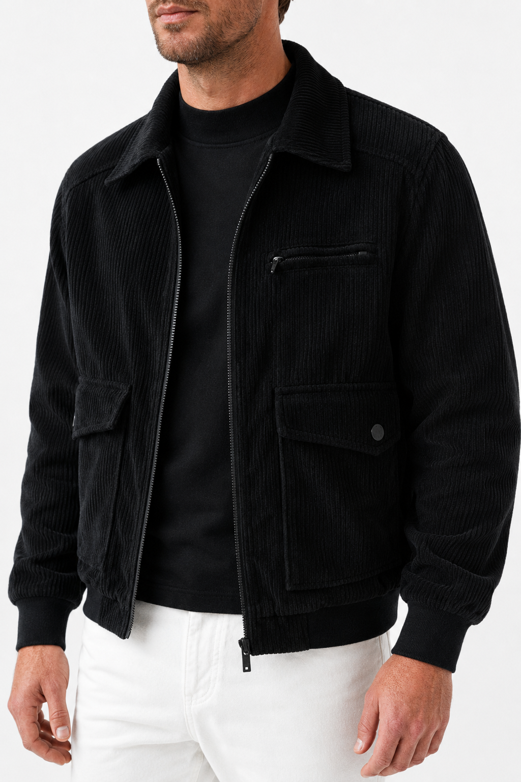 Herre sort corduroy jakke med lynlås i regular fit - perfekt til hverdagsbrug. - - Jakker - Valmont Wear
