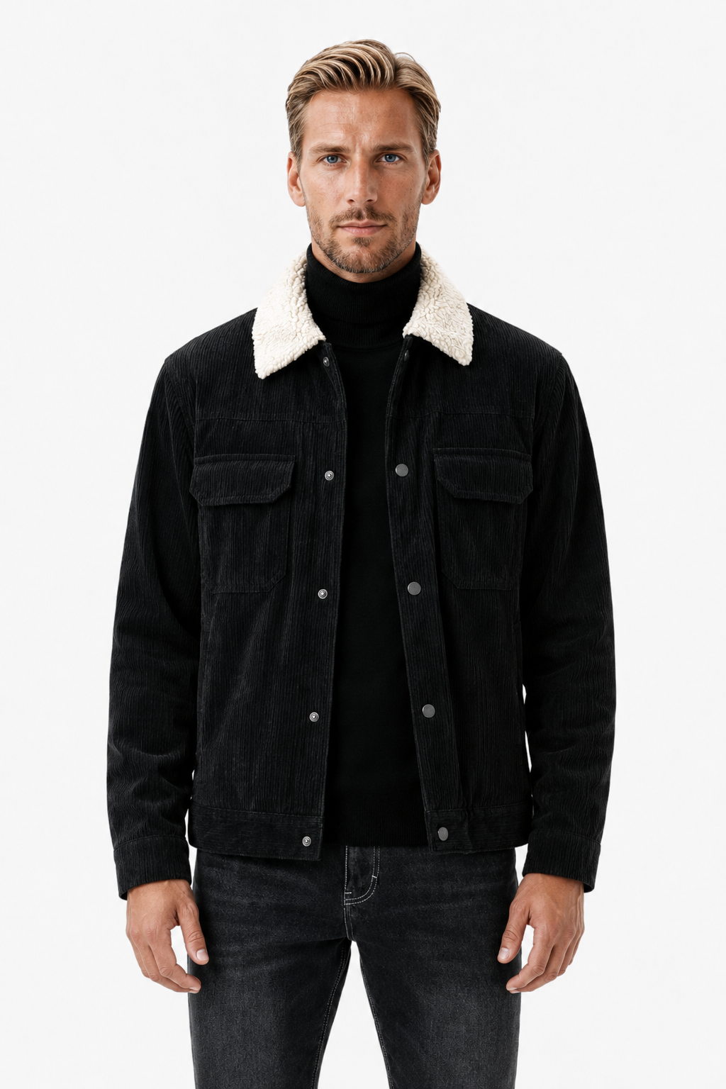 Sort Fløjlsjakke til Mænd med Sherpa Krave - Vinterjakke med Trykknapper - - Jakker - Valmont Wear