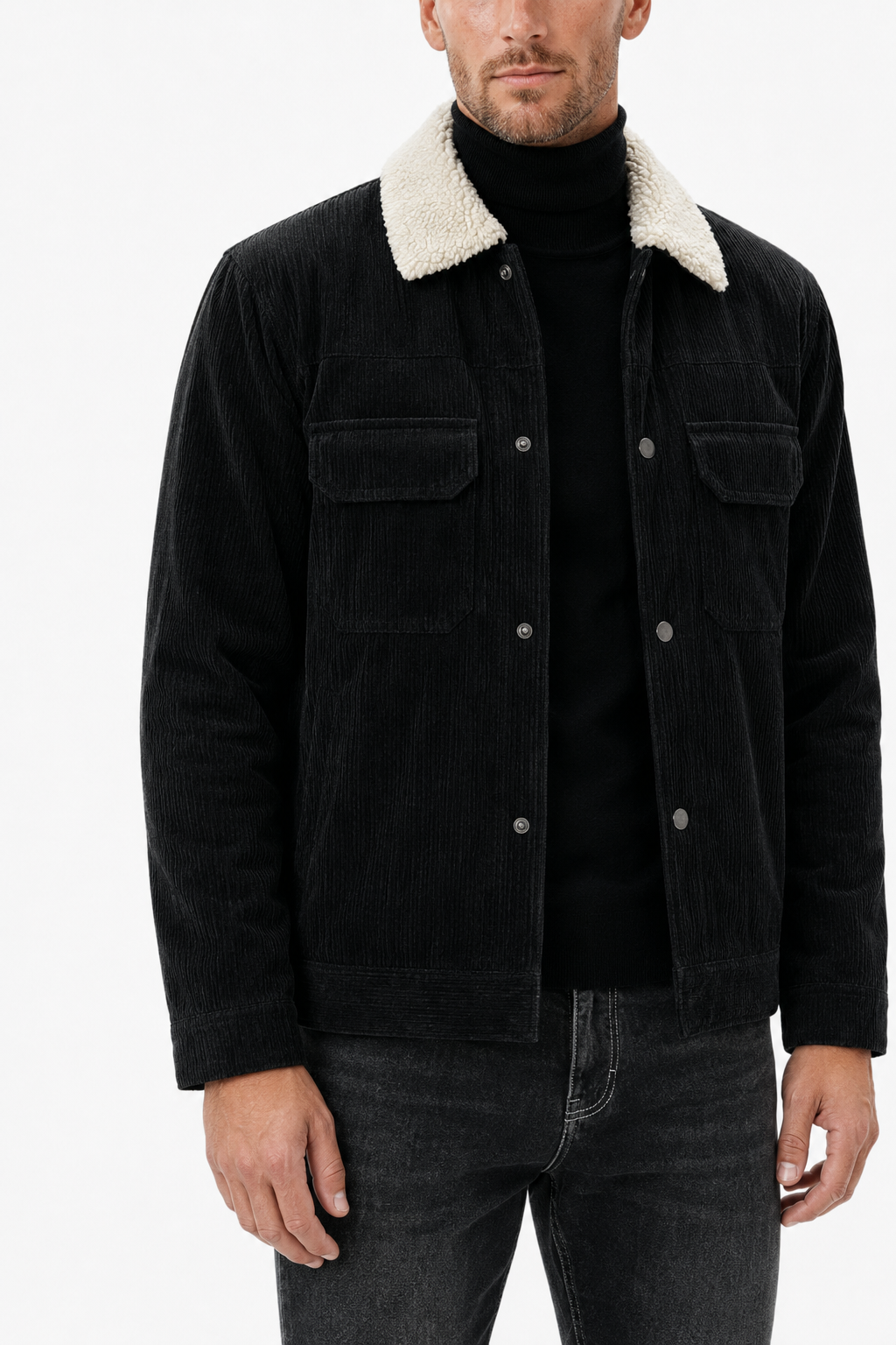 Sort Fløjlsjakke til Mænd med Sherpa Krave - Vinterjakke med Trykknapper - - Jakker - Valmont Wear
