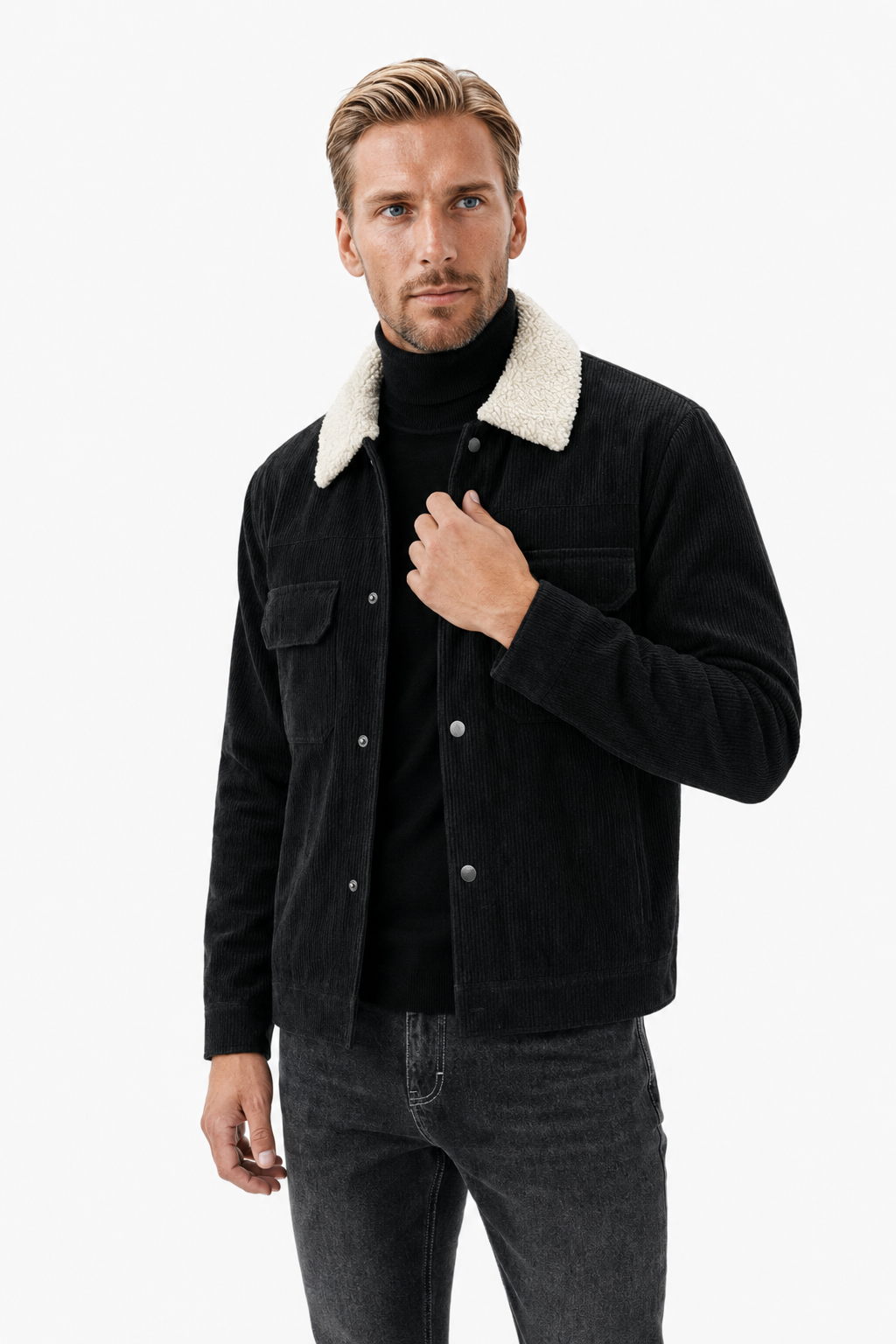 Sort Fløjlsjakke til Mænd med Sherpa Krave - Vinterjakke med Trykknapper - - Jakker - Valmont Wear