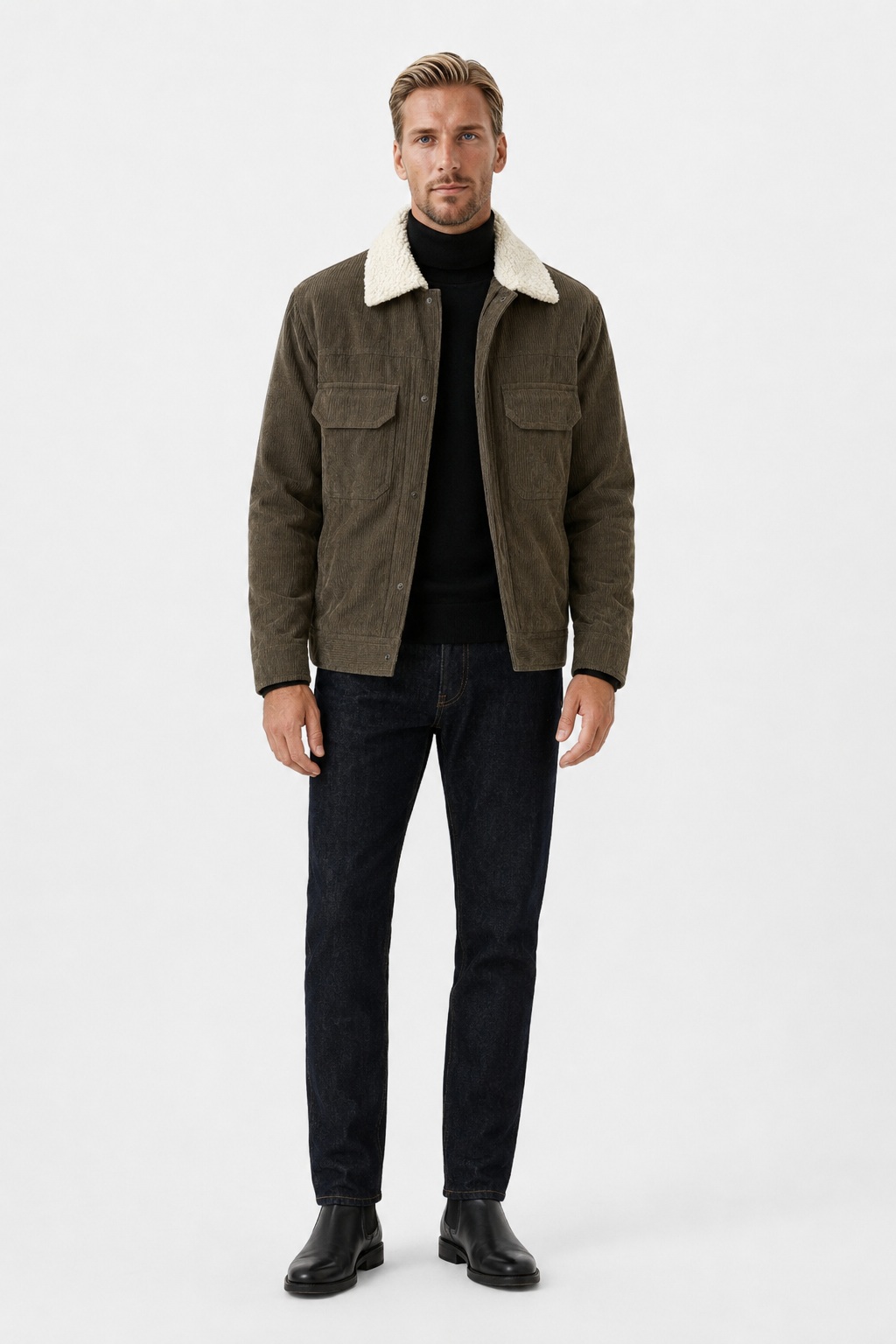 Herre Fløjlsjakke Kaffebrun med Sherpa Krave & Varm Fleeceforing til Vinter - - Jakker - Valmont Wear