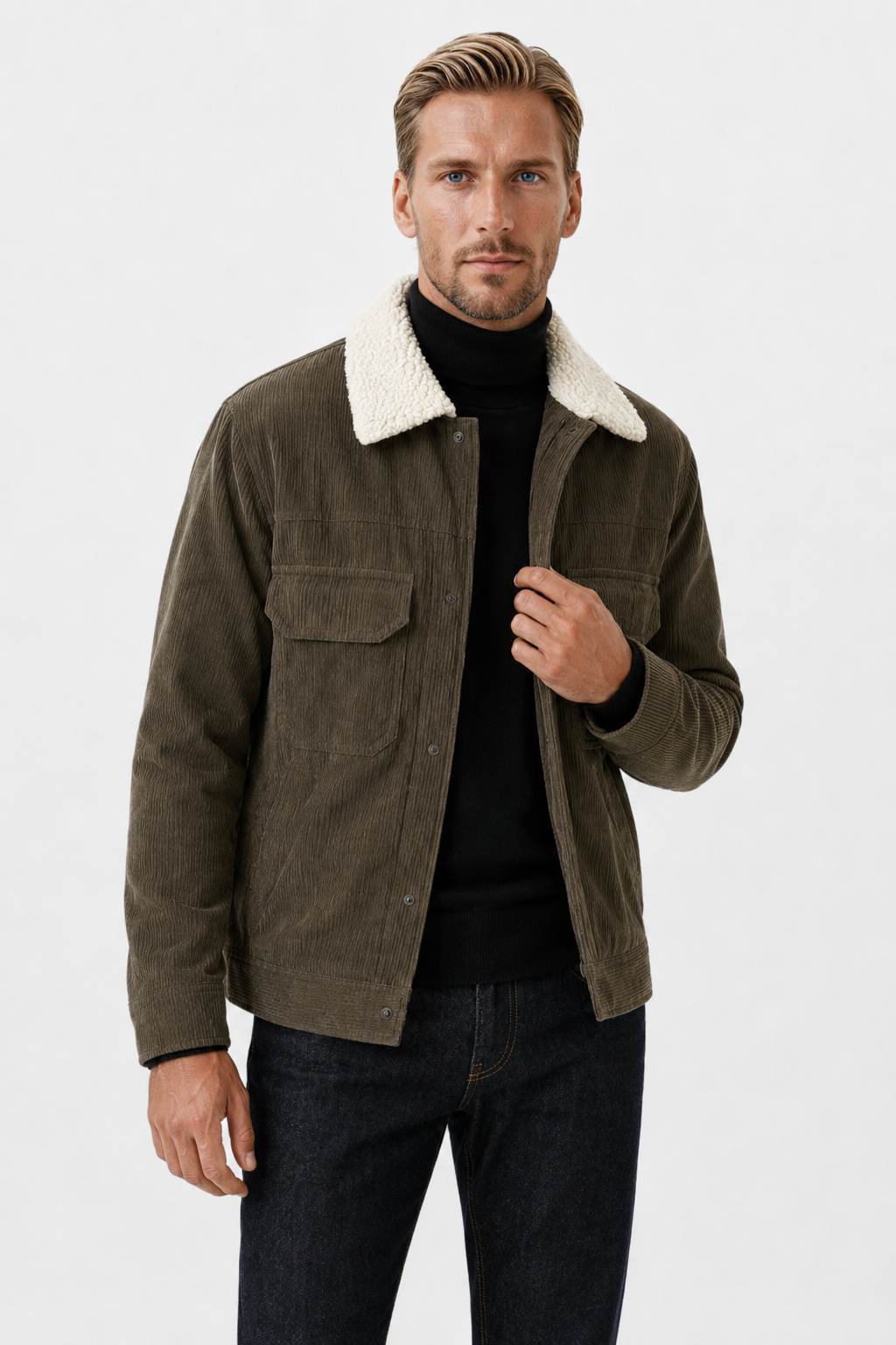 Herre Fløjlsjakke Kaffebrun med Sherpa Krave & Varm Fleeceforing til Vinter - - Jakker - Valmont Wear