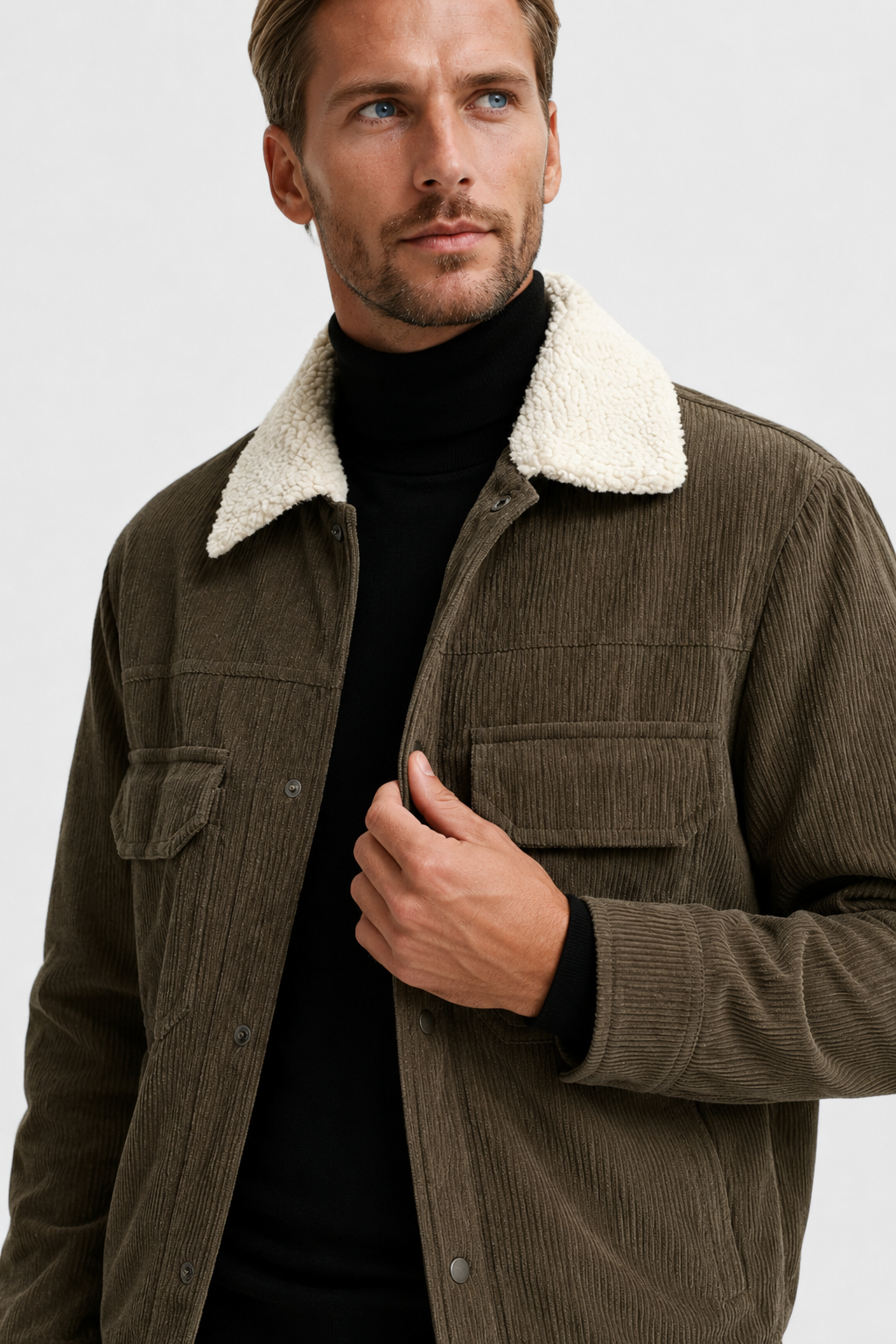 Herre Fløjlsjakke Kaffebrun med Sherpa Krave & Varm Fleeceforing til Vinter - - Jakker - Valmont Wear