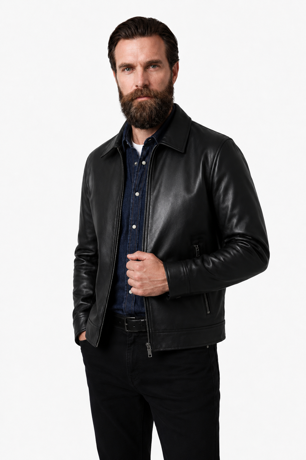 Herre Jakke i Sort Læderlook med Lynlås – Smart Fritidsjakke - - Jakker - Valmont Wear