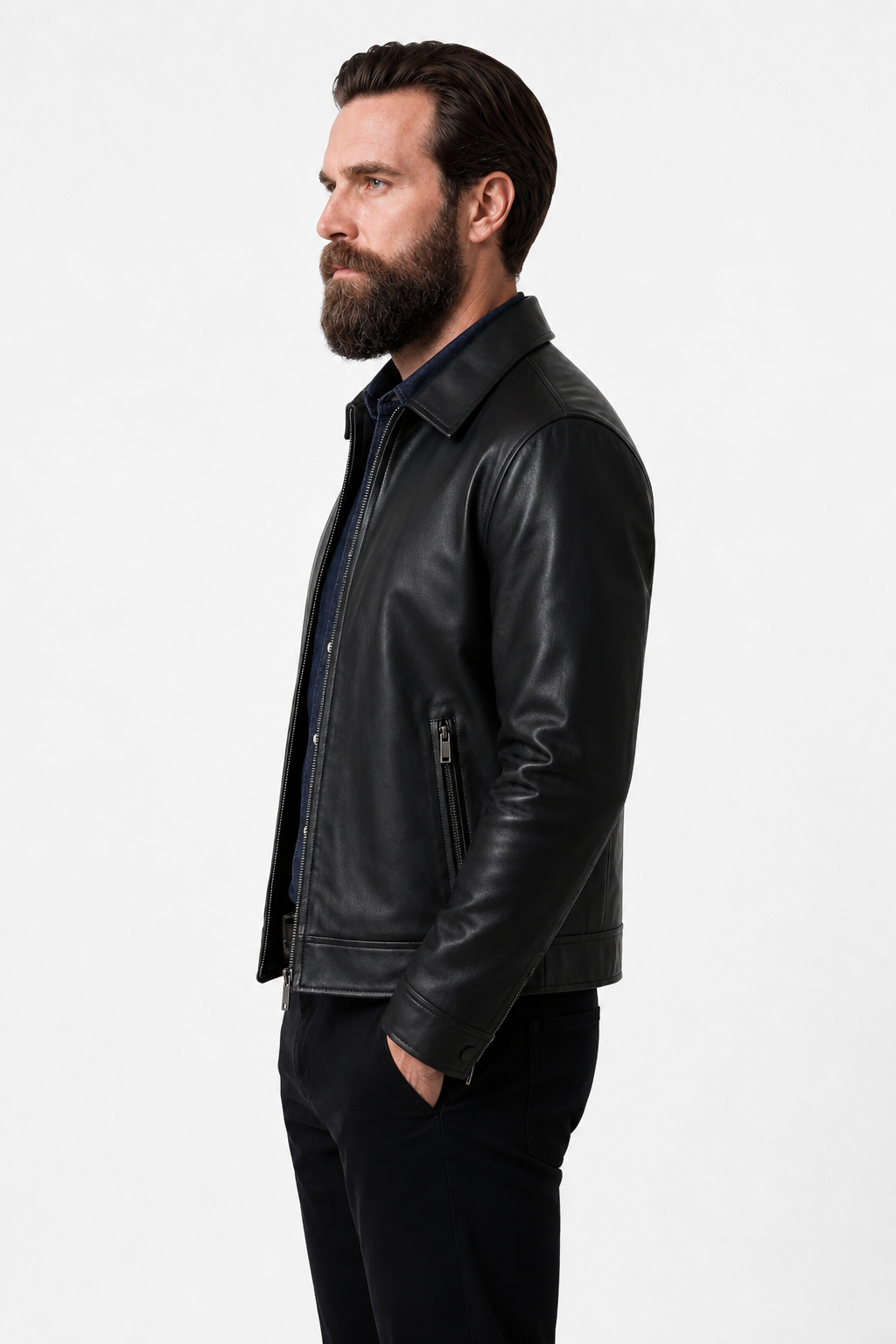 Herre Jakke i Sort Læderlook med Lynlås – Smart Fritidsjakke - - Jakker - Valmont Wear