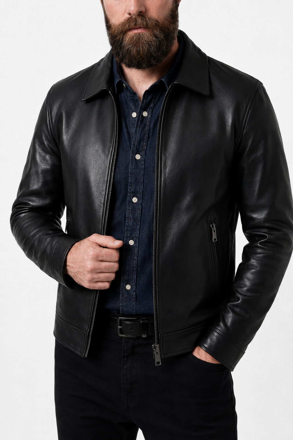 Herre Jakke i Sort Læderlook med Lynlås – Smart Fritidsjakke - - Jakker - Valmont Wear