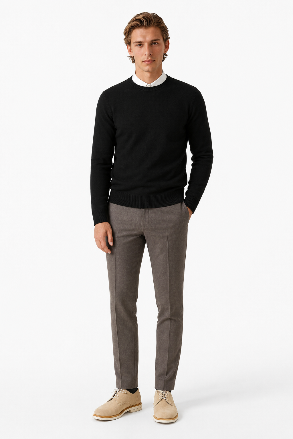 Sort Herre Crewneck Pullover i Blød Bomuld - Regular Fit Striktrøje, M - - Sweatre - Valmont Wear