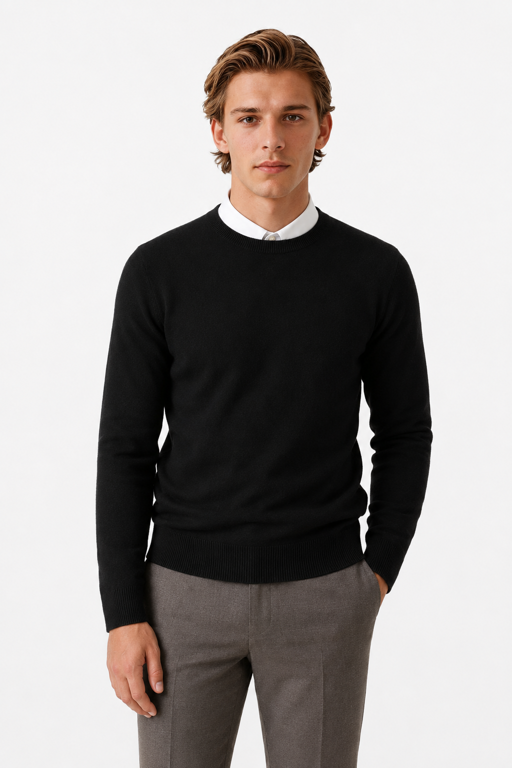 Sort Herre Crewneck Pullover i Blød Bomuld - Regular Fit Striktrøje, M - - Sweatre - Valmont Wear