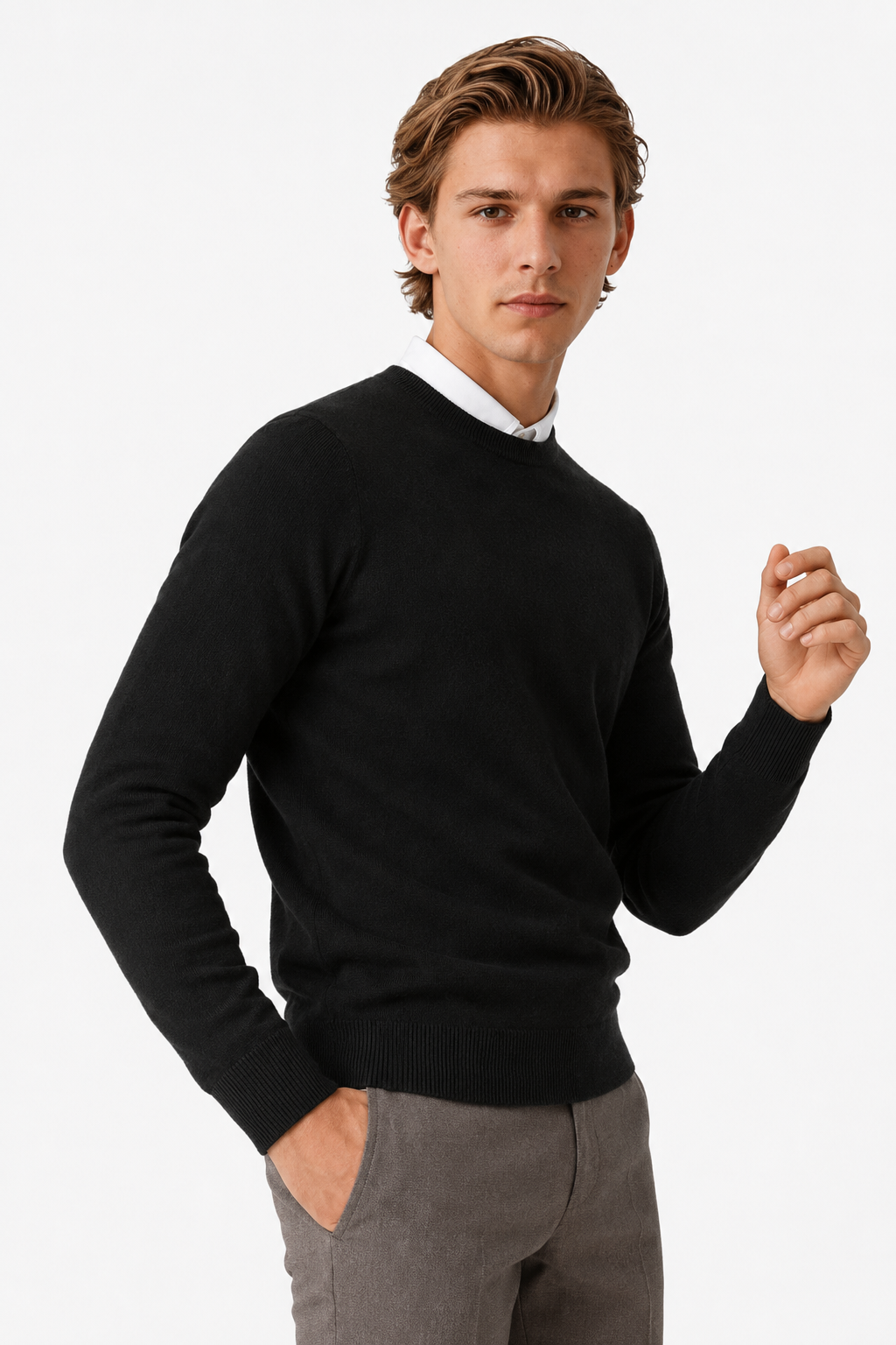 Sort Herre Crewneck Pullover i Blød Bomuld - Regular Fit Striktrøje, M - - Sweatre - Valmont Wear