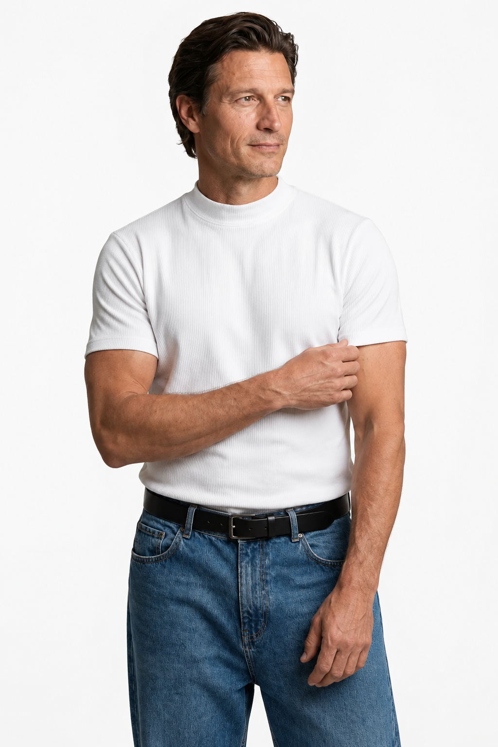 Hvid Ribstrikket Mock Neck T-Shirt til Mænd - Slim Fit Strik - - Herre T-shirts - Valmont Wear