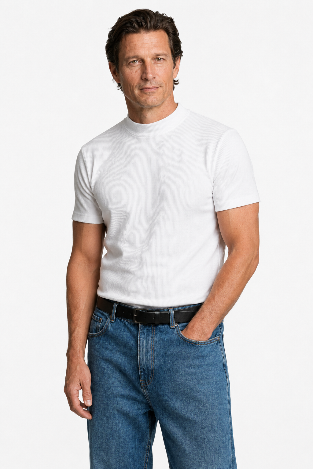 Hvid Ribstrikket Mock Neck T-Shirt til Mænd - Slim Fit Strik - - Herre T-shirts - Valmont Wear
