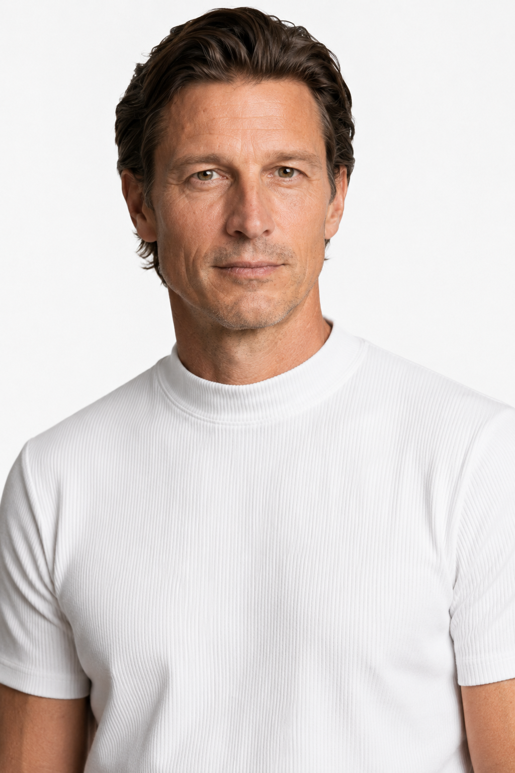 Hvid Ribstrikket Mock Neck T-Shirt til Mænd - Slim Fit Strik - - Herre T-shirts - Valmont Wear