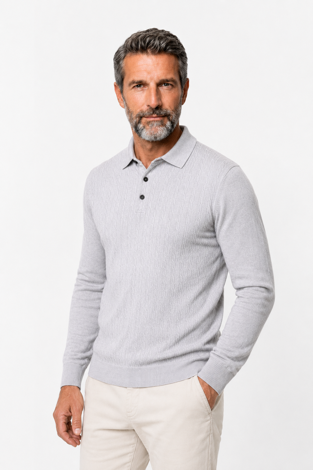Pullover til Mænd - Lysegrå - Kabelstrik - Krave Langærmet - - Sweater - Valmont Wear