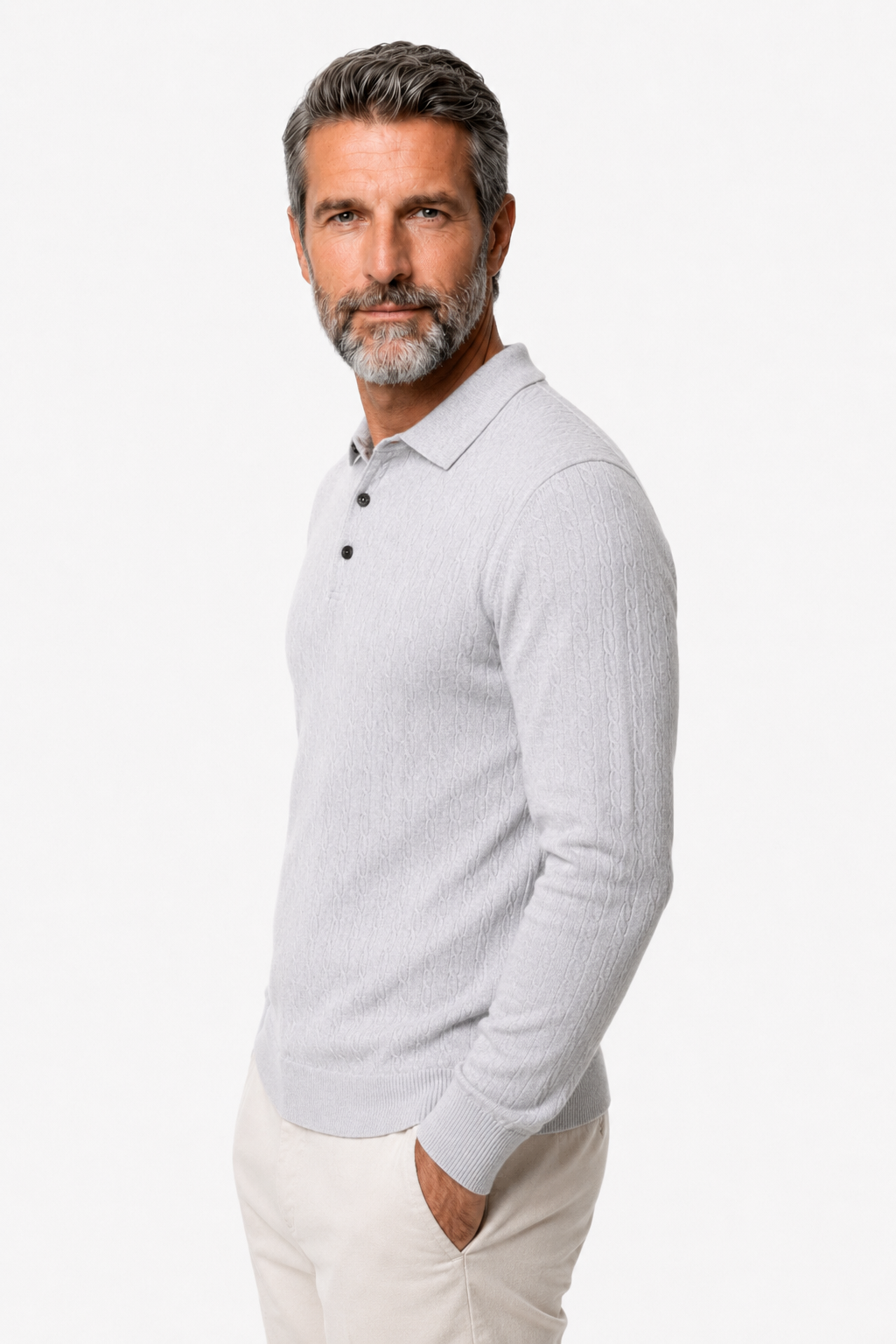 Pullover til Mænd - Lysegrå - Kabelstrik - Krave Langærmet - - Sweater - Valmont Wear