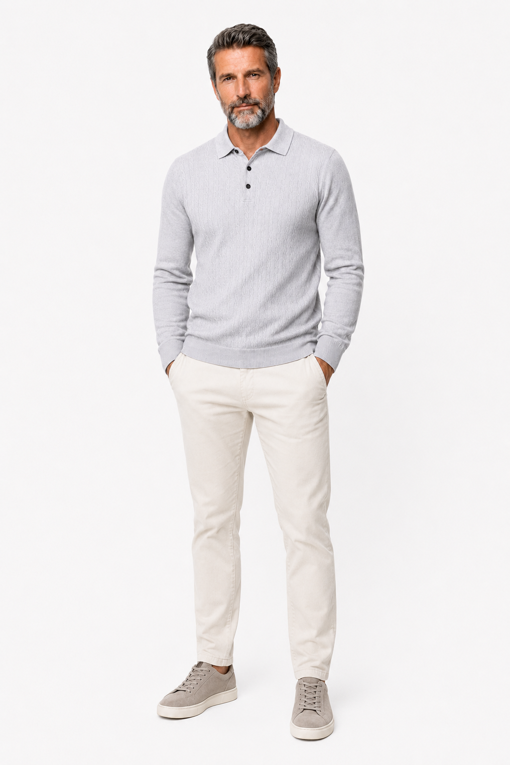 Pullover til Mænd - Lysegrå - Kabelstrik - Krave Langærmet - - Sweater - Valmont Wear
