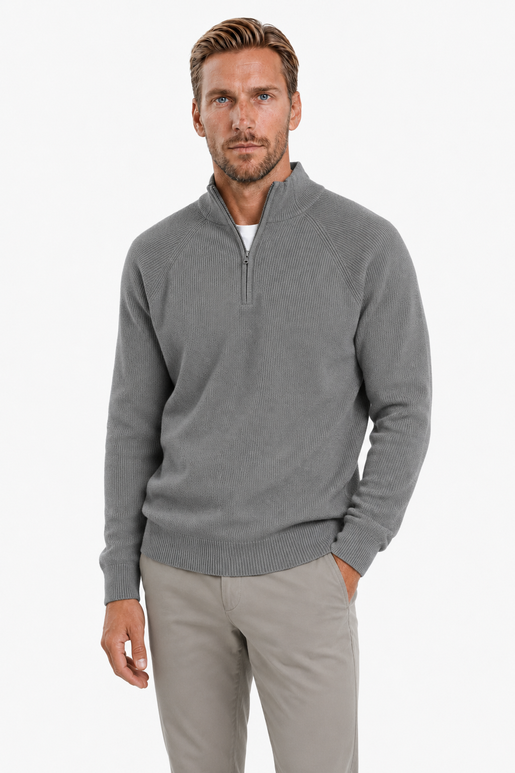 Half-Zip Striktrøje til Mænd – Grå, Blød Bomuld med Høj Krave - - Sweatre - Valmont Wear